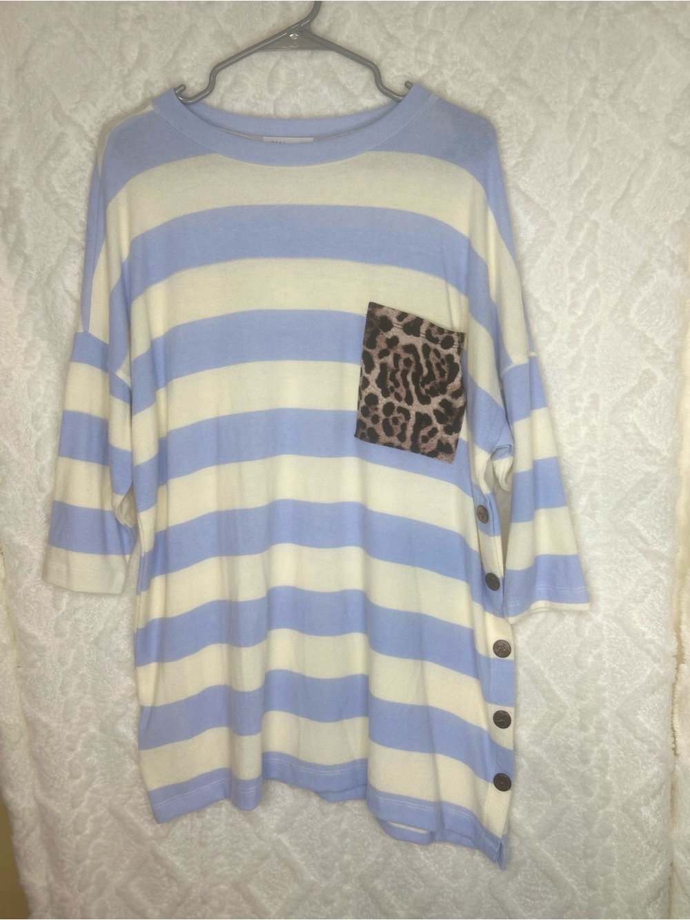 Striped Crewneck Sweater in Blue and Cream with Leopard Pocket
